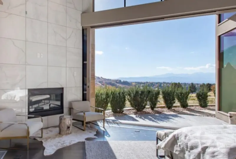 Modern living room with mountain view.