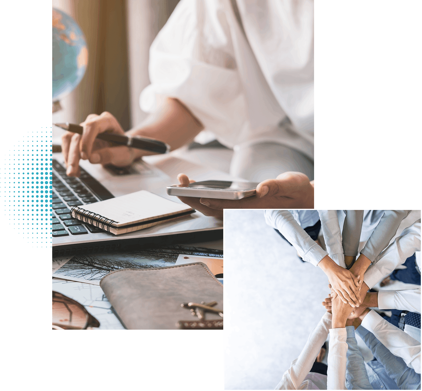 Person working at laptop and group handshake.